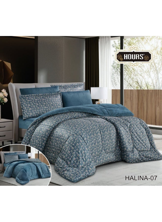 Winter bedspread made of fur and velvet with heavy filling, suitable for a king bed from the international company, Horse, consisting of 6 pieces, 250 stitches